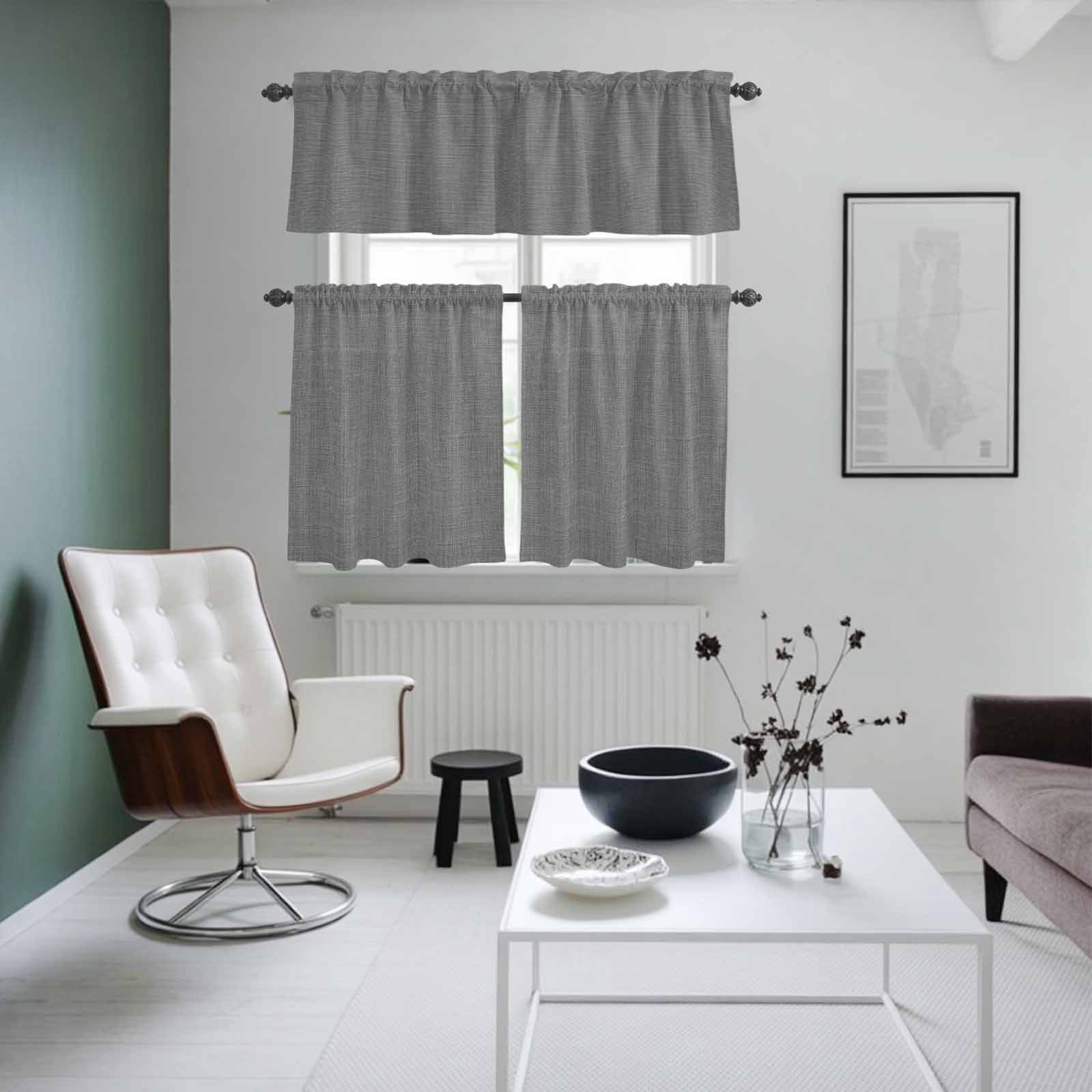 Vintage Dark Gray Kitchen Curtains Sets for Windows 36 Inch Length, Farmhouse Retro Solid Color Linen Texture Rod Pocket Window Treatments Tier Curtains and Valances Set for Bedroom/Bathroom