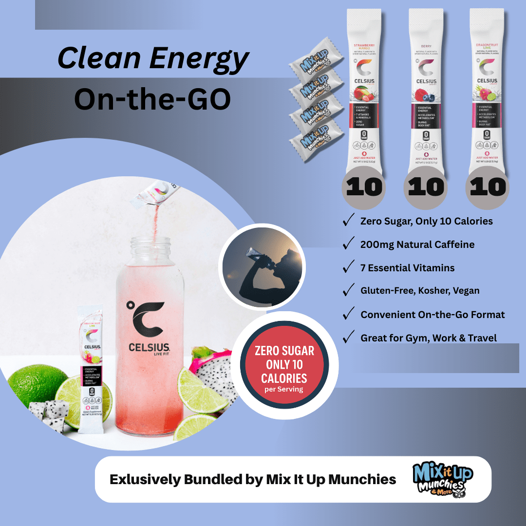 CELSIUS On The Go Energy Powder Sticks 30ct (Zero Sugar, 3 Flavors) + 4 MIM Mints