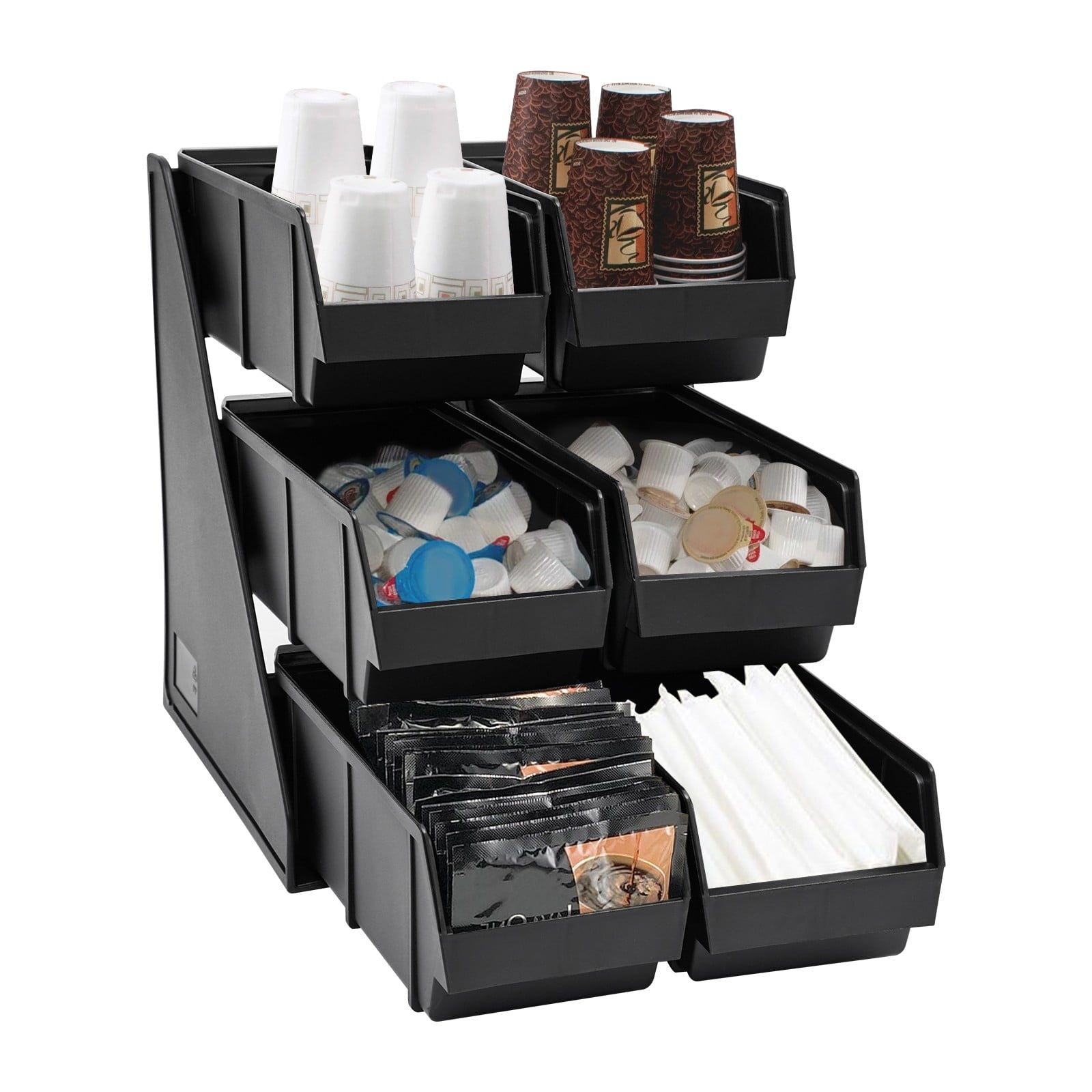 6 Compartment Serve Condiment Bin, 3-Tier Self Serve Condiment Bin Stand, Plastic Containers Storage Bins, Countertop Condiment Organizer for Coffee Shops Restaurants Bars