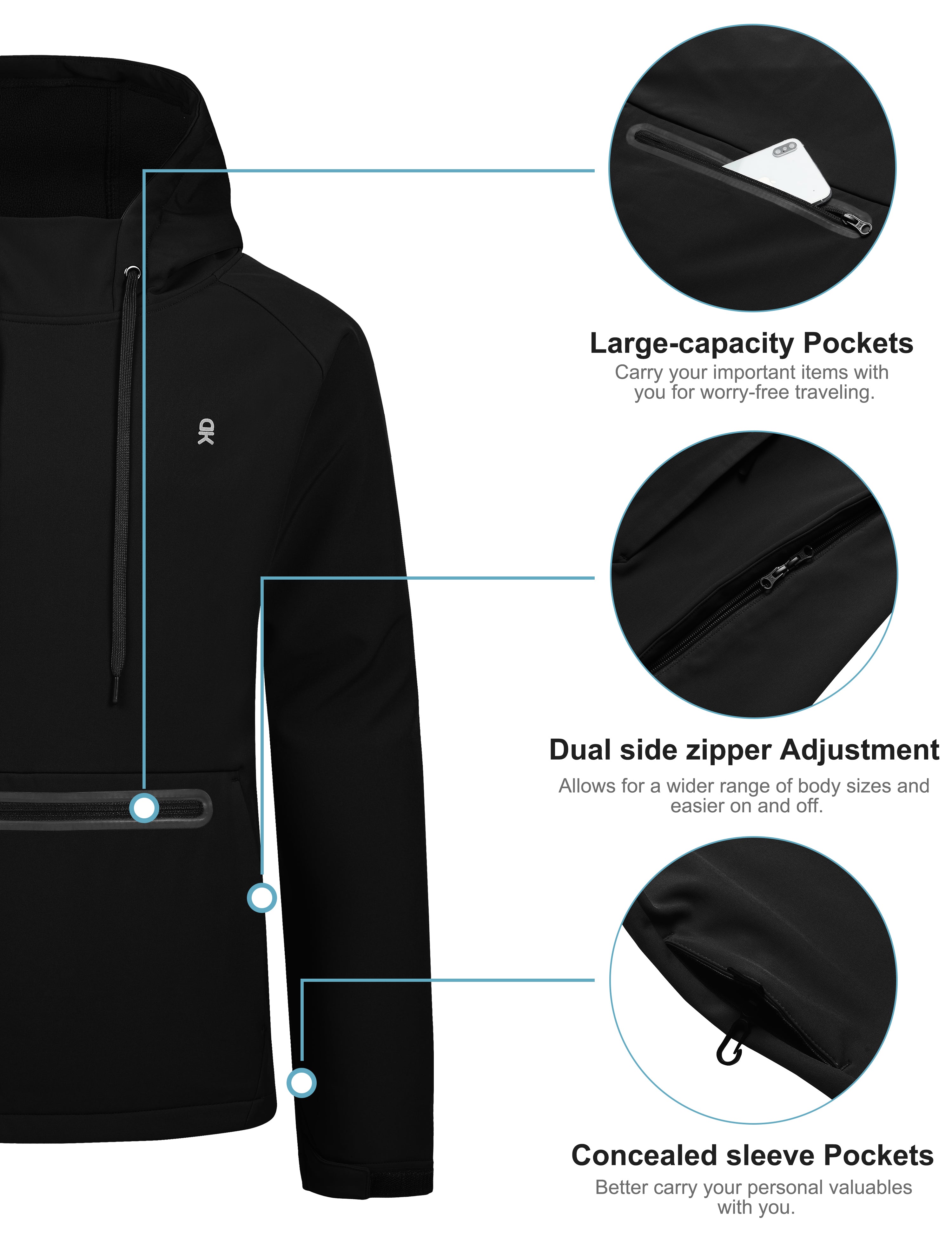 Little Donkey Andy Mens Fleece Hoodies Water Repellent, Thermal Insulation Pullover Hooded Sweatshirt UPF50+ (Black L)