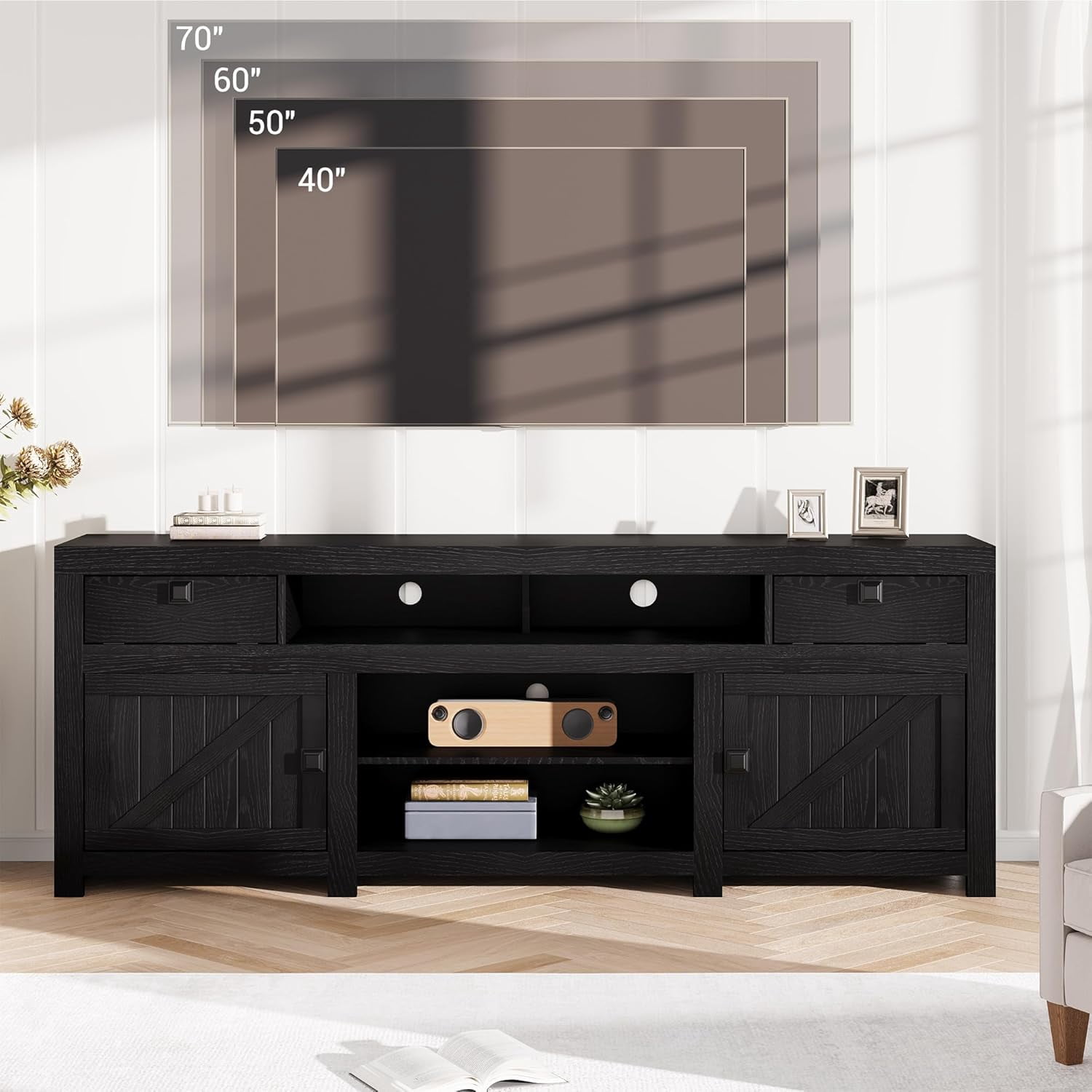 Garvee Farmhouse Wooden TV Stand for 75 Inch TV, 70" Long Entertainment Center with 4 Door and 2 Open Storage Spaces, Rustic TV Stand for Living Room, Bedroom