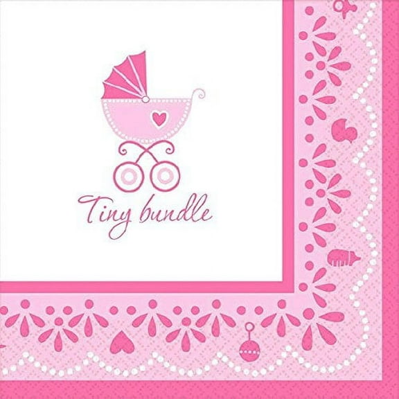Amscan Sweet Celebrate Baby Girl Beverage Napkins, 5 x 5, Pink/White