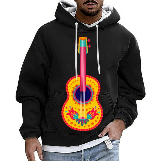 WILLBEST Style Chandail à Capuchon Homme Style Décontracté Carnaval Guitare Imprimé Chandail à Capuche Manches Longues Chandail à Capuchon