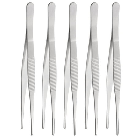 Uxcell 5pcs Stainless Steel Tweezers 7.1 Inch Long Straight Serrated Tip Tweezers Multi-Purpose Kitchen Tongs for Cooking Gardening Repairing Craft Silver