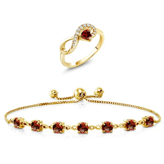 Gem Stone King 18K Yellow Gold Plated Silver Red Garnet Ring and Bracelet Jewelry Set for Women | 4.00 Cttw | Gemstone January Birthstone | Heart Shape 4MM | Round 4.5MM | Size 9