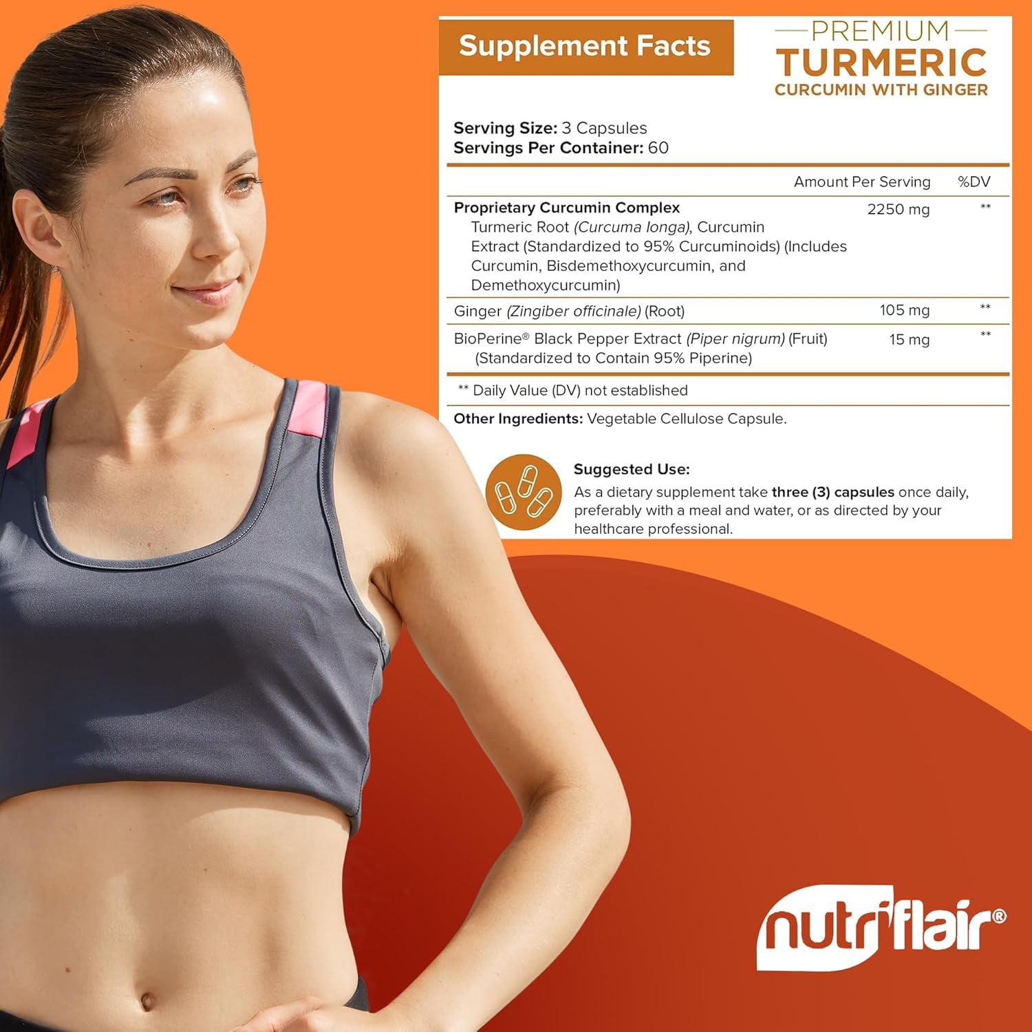 NutriFlair Turmeric Curcumin Supplement with Black Pepper and Ginger, 2250 mg per Serving, 180 Capsules
