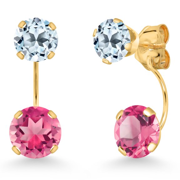 Gem Stone King 14K Yellow Gold Pink Mystic Topaz and Sky Blue Topaz Stud Earrings for Women | 4.40 Cttw | Gemstone November Birthstone | Round 6MM