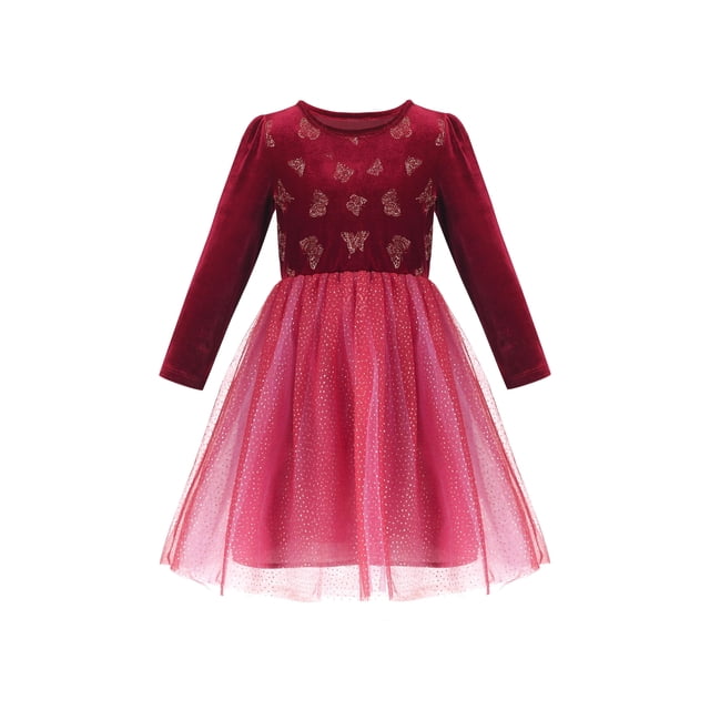 Vestido de Niña Terciopelo Rojo Mariposa Tul con Pedrería Fiesta Festiva Certamen 7 Años