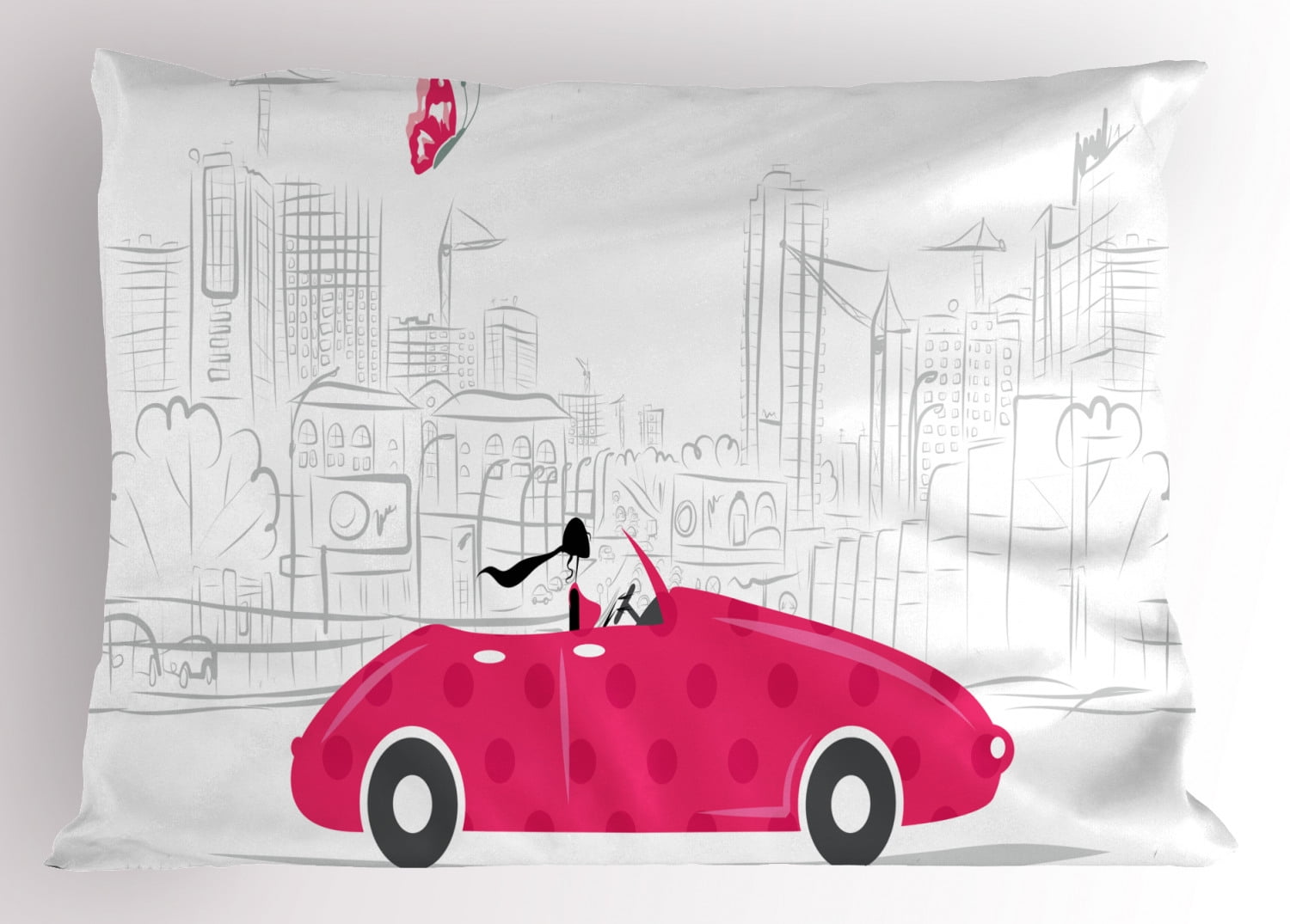 Cars Pillow Sham Woman Driving Pink Vintage Car Sketchy Cityscape