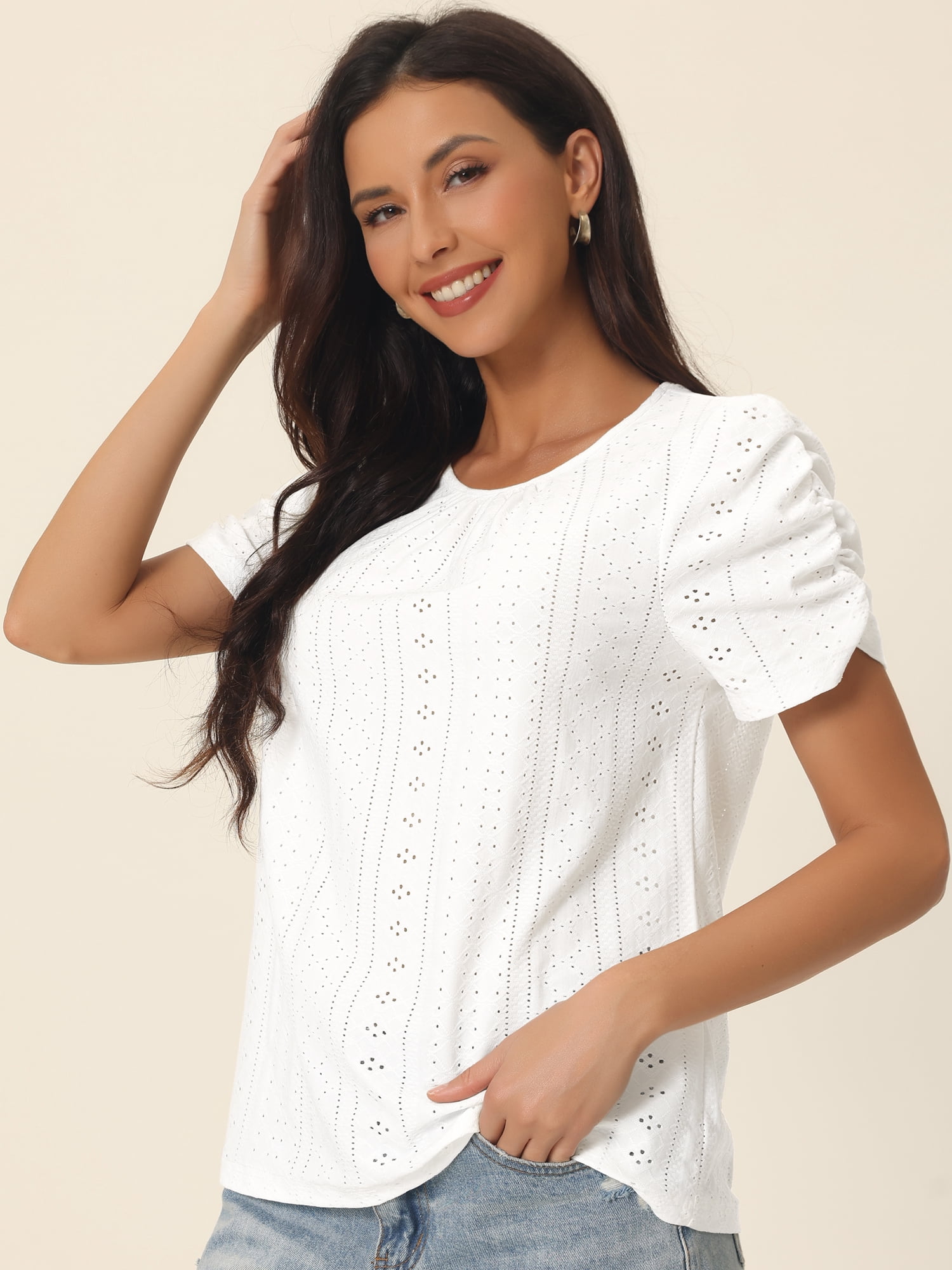 Unique Bargains Women's Ruched Short Sleeve Eyelet Dressy Crewneck Blouses T Shirts L White