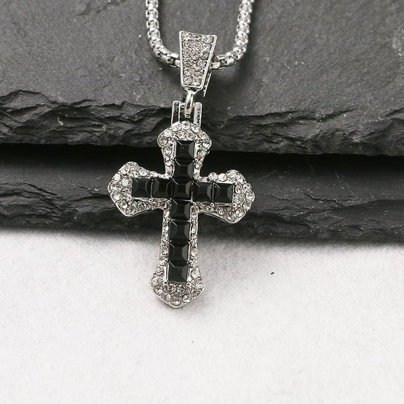 Namzi handmade necklace pendant, suitable for both men and women, full diamond cross necklace, zircon pendant, hip-hop trend, personalized and versatile long necklace (black)
