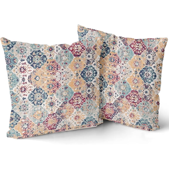 Bohemian Ethnic Boho Pillow Covers 16X16 Inch Teal Red Orange Blue Carpet Vintage Decorative Couch Pillow Cases with Zipper Set of 2 Home Decor for Living Room Bedroom Bed Cushion Outdoor
