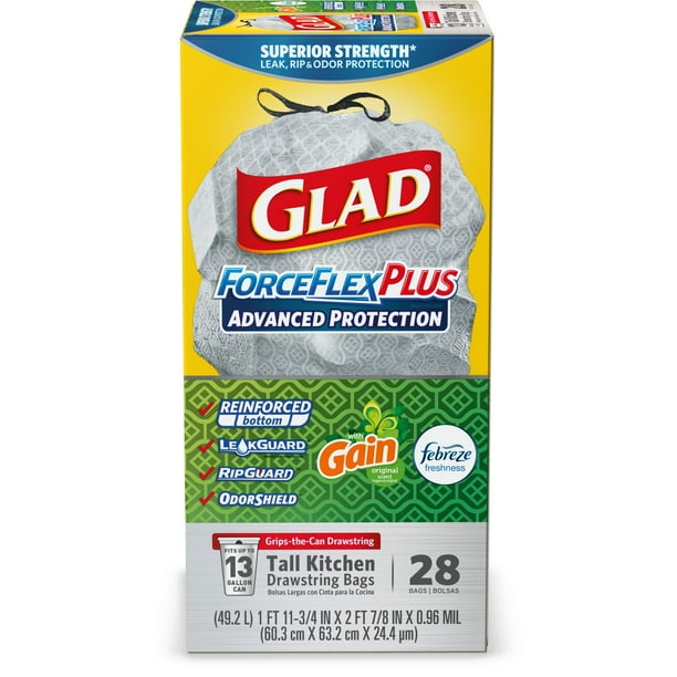 Glad Tall Kitchen Trash Bags, 13 Gallon, 28 Bags (ForceFlexPlus, Gain