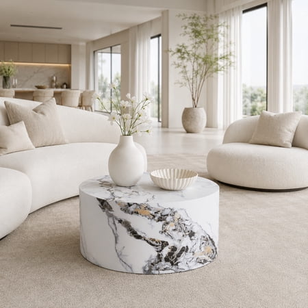 TesNus Round Coffee Table, 23.6 in White Marble Texture MDF Table for Living Room