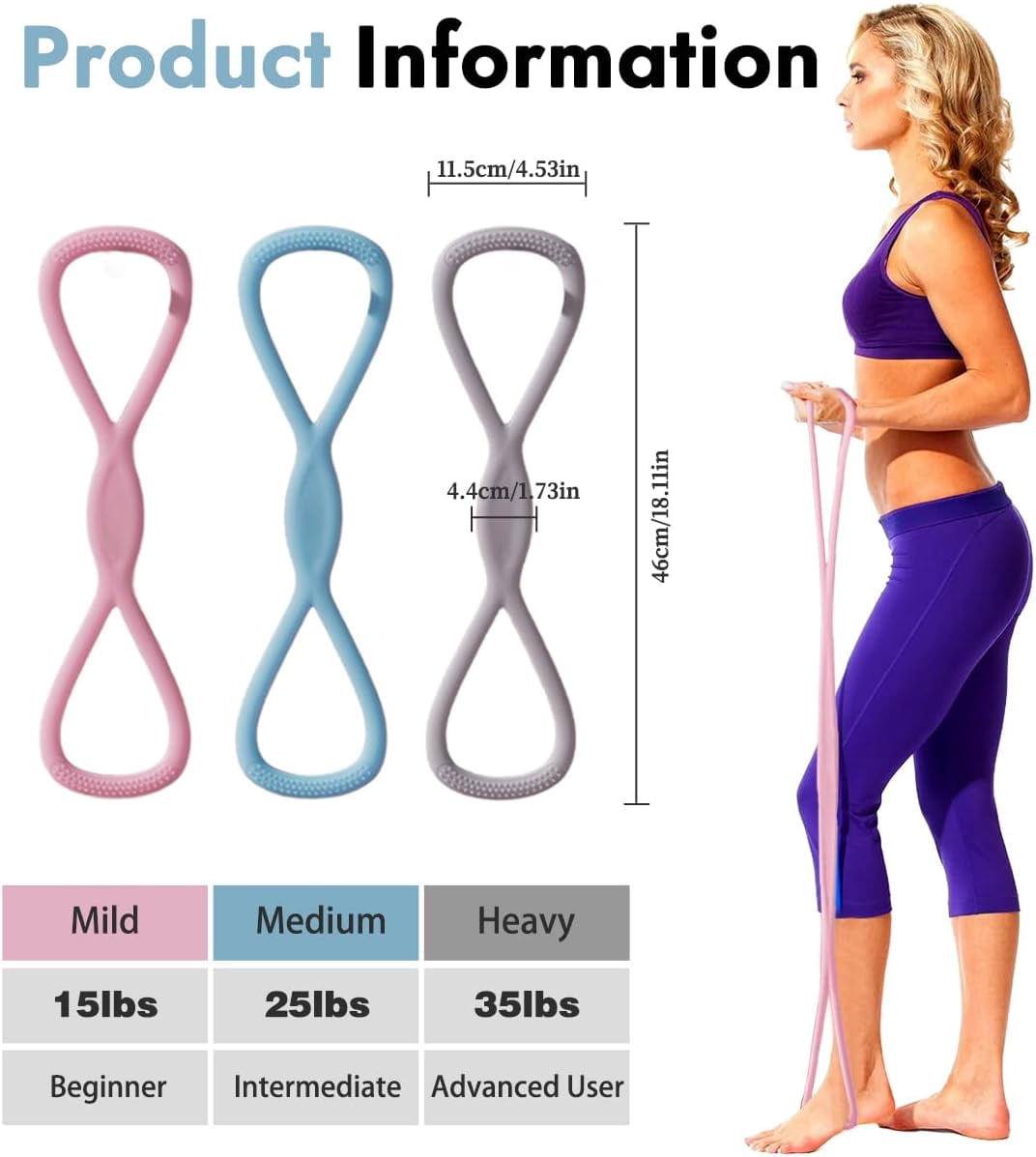 3 Pack Figure 8 Resistance Bands for Women | 15 lbs, 25 lbs & 35 lbs | 8 Shaped Exercise Bands for Arms, Back, Shoulders, Legs and HIPS Working Out
