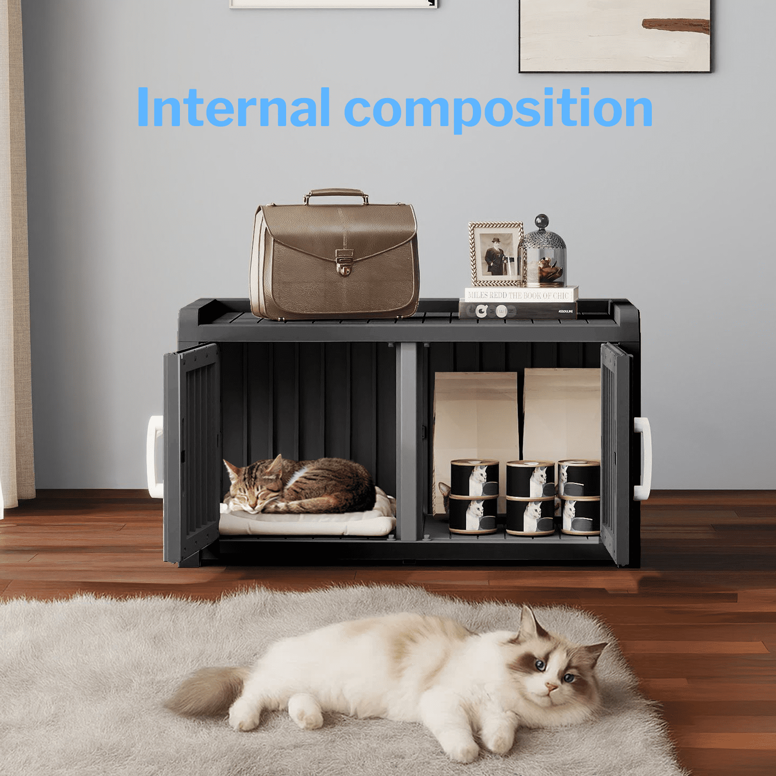 Resin Cat Litter Box Enclosure - Hidden Multi-Functional Furniture with Double Doors, Waterproof UV-Resistant, Spacious Odorless Design for Indoor Outdoor Use