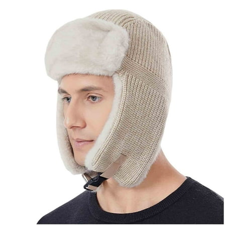 Windproof Fuzzy Trooper Hat Womens Mens Winter Warm Fleece Lined Knit Trapper Cap with Earflaps Hunting Ski Beige