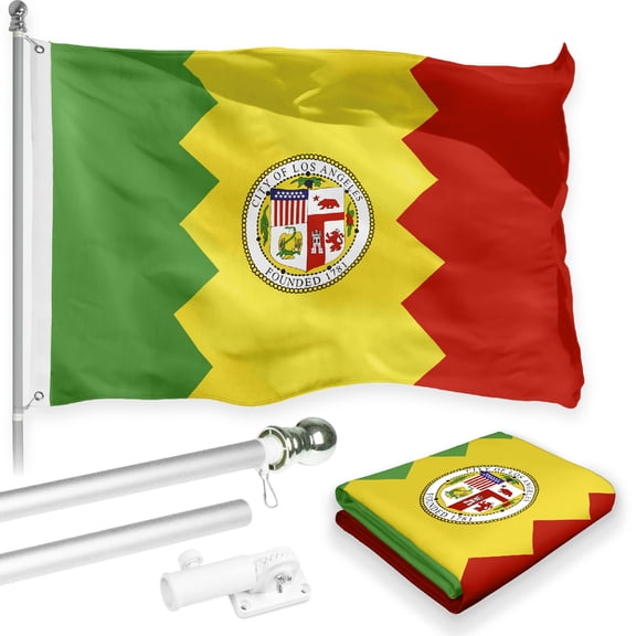 G128 Combo Pack: 6 Feet Tangle Free Spinning Flagpole (Silver) Los Angeles City Flag 3x5 ft Printed 150D Brass Grommets (Flag Included) Aluminum Flag Pole