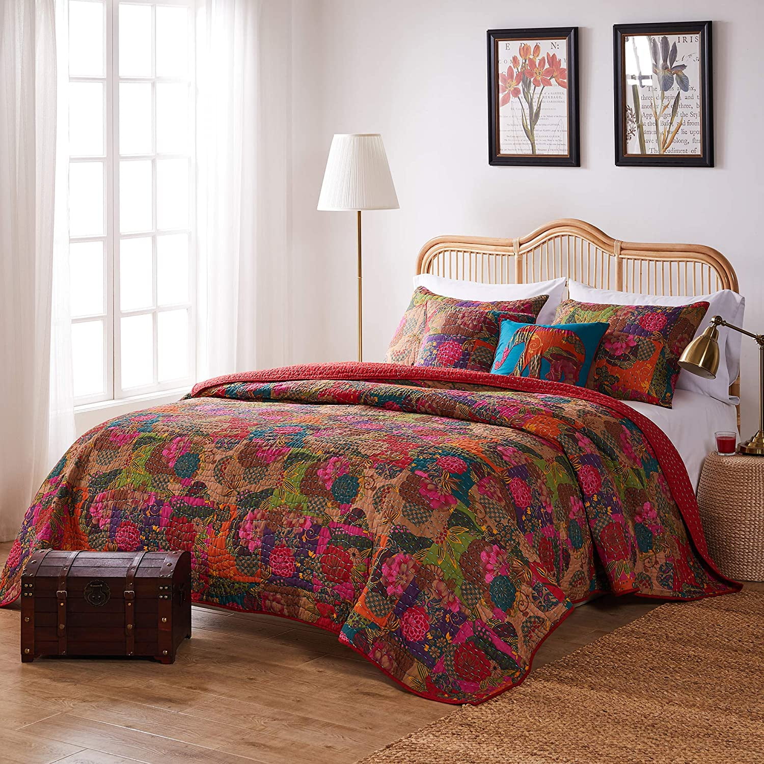 Global Trends Josie 100% Cotton Kantha Stitched Quilt Set, 5-Piece King/Cal King