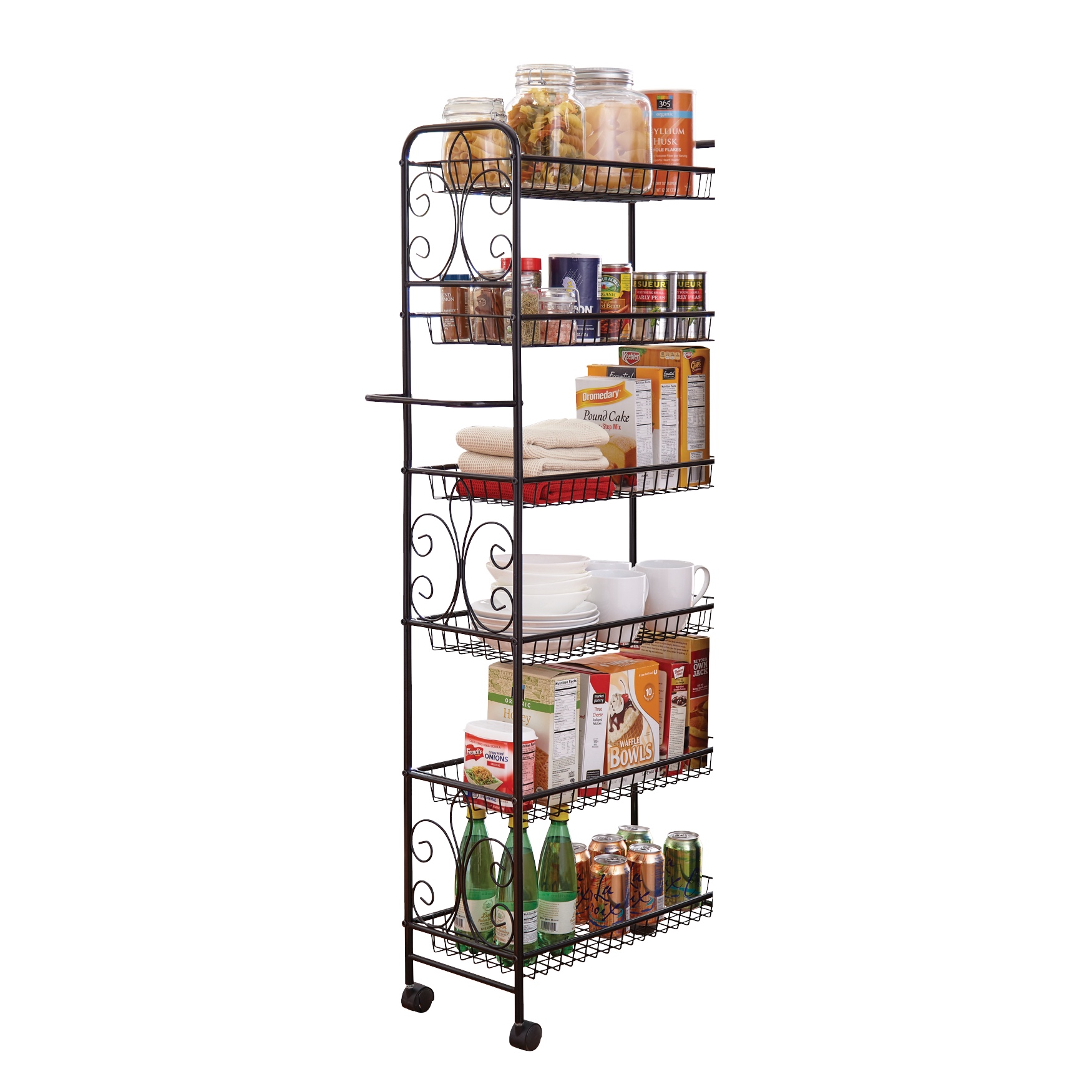 Brylanehome Scroll 6Tier Kitchen Cart, Black Rolling Narrow Storage