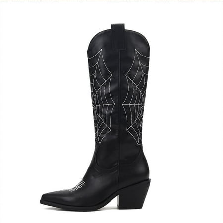 

Women‘s Chunky Heel Spider Print Knee High Boots Pointed Toe Solid Color Slip On Long Boots Comfortable Shoes