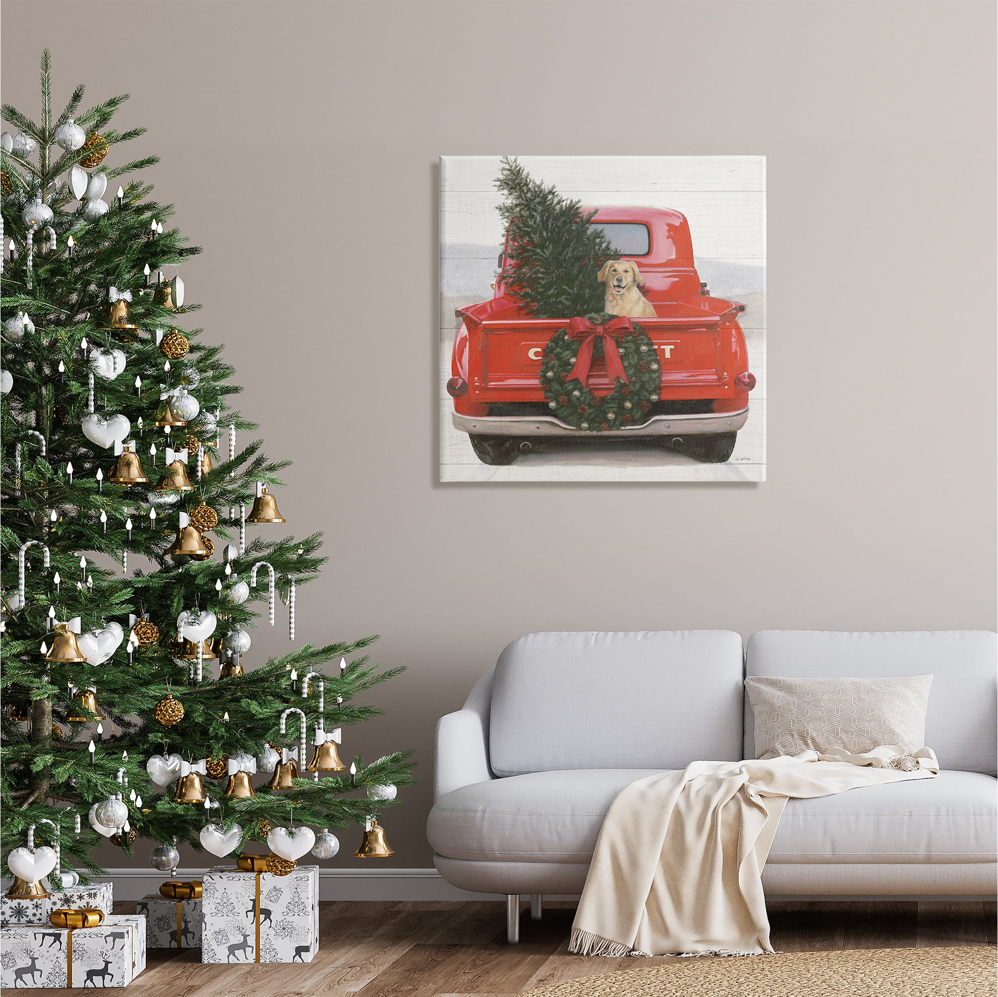 Stupell Industries Festive Dog in Truck Holiday Painting Gallery Wrapped Canvas Print Wall Art, 30 x 30