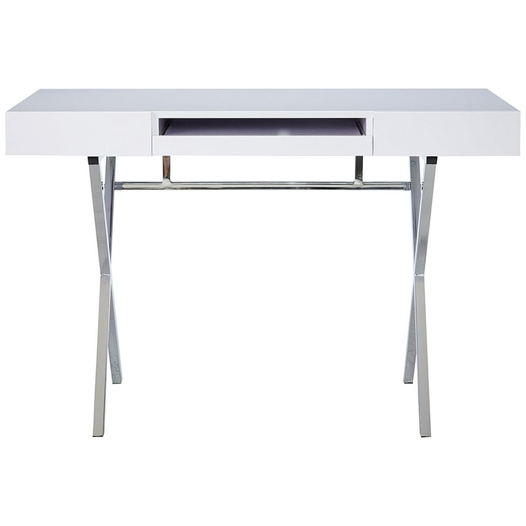 Sarai Home Office Workstation Computer Desk White Wood Top Chrome Metal Base with 2 Storage Drawers Pull Out Keyboard Contemporary