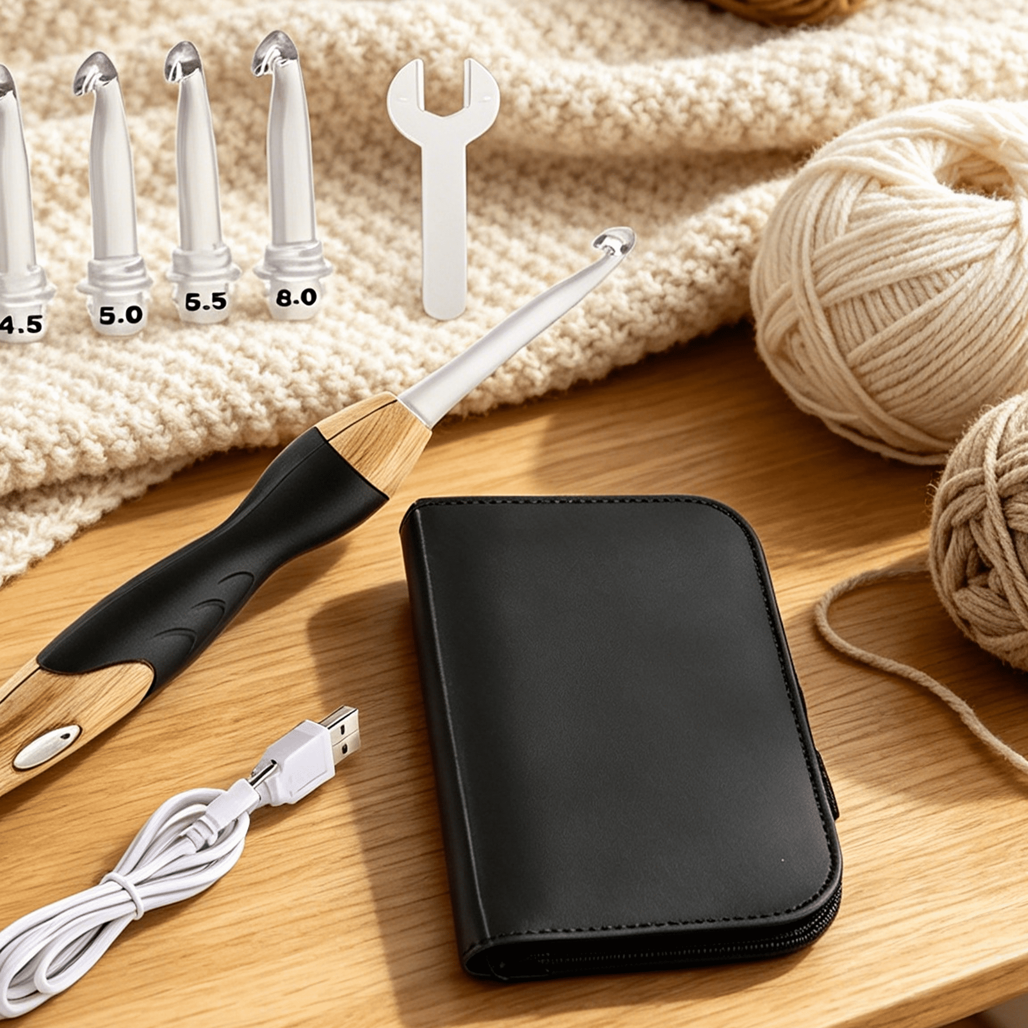 TUWAFE 2026 New 17 Sizes Lighted Crochet Hooks Set 2.5Mm~14.0Mm,Rechargeable Crochet Hook with Interchangeable Crochet Head for Crochet, Knitting, Diy Projects, Crafting, Low-Light Stitching.