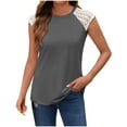 thumbnail image 2 of Summer Plus Size Tops For Women Causal Loose Solid Color Lace Short Sleeve Crew Neck Pullover Blouse T-Shirt Summer Fashion Women Shirts Under $7 Gray L, 2 of 5