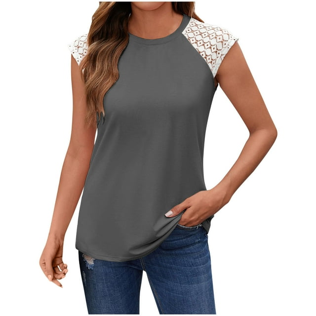 UPPADA Womens Cute Tank Tops Lace Patchwork Flowy Tops Crewneck Casual Tees Shirts Trendy Basic Loose Fit Tops Gray,S