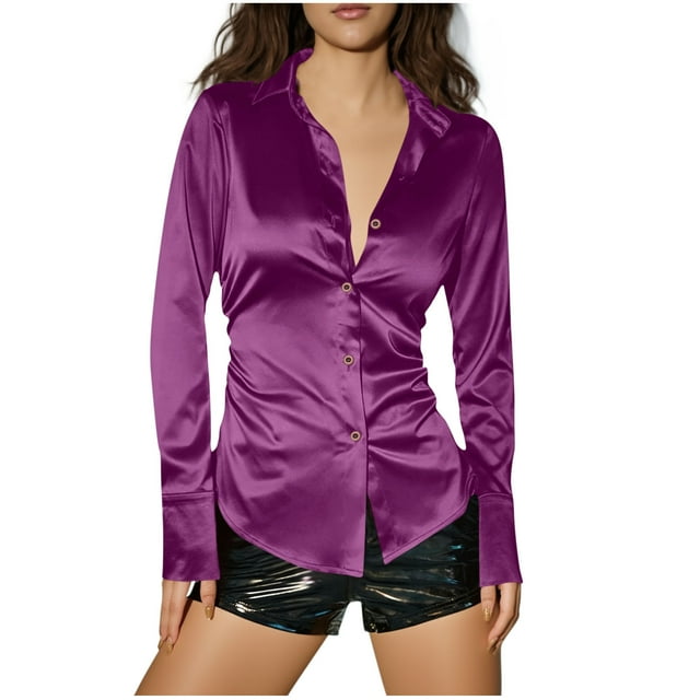 JMYHOAM Women's Button-Down Shirts Fashion Solid Causal Button Blouse Long Sleeve T-Shirt Summer Top Blouses
