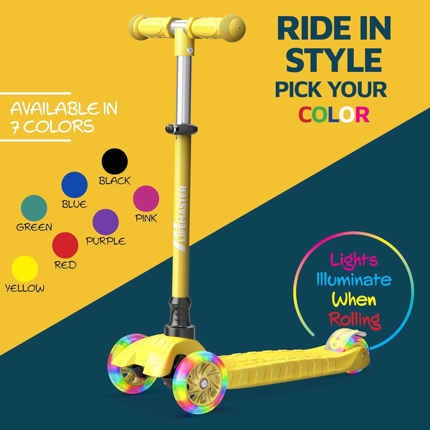 Lifemaster Mini 3-Wheel Kids Scooter with Multi-Color Wheel Lights – 4-Height Adjustable Handlebar, Wide Anti-Slip Deck, Child Safety Certified, Boys & Girls Ages 2+ Supports Up to 110 lbs