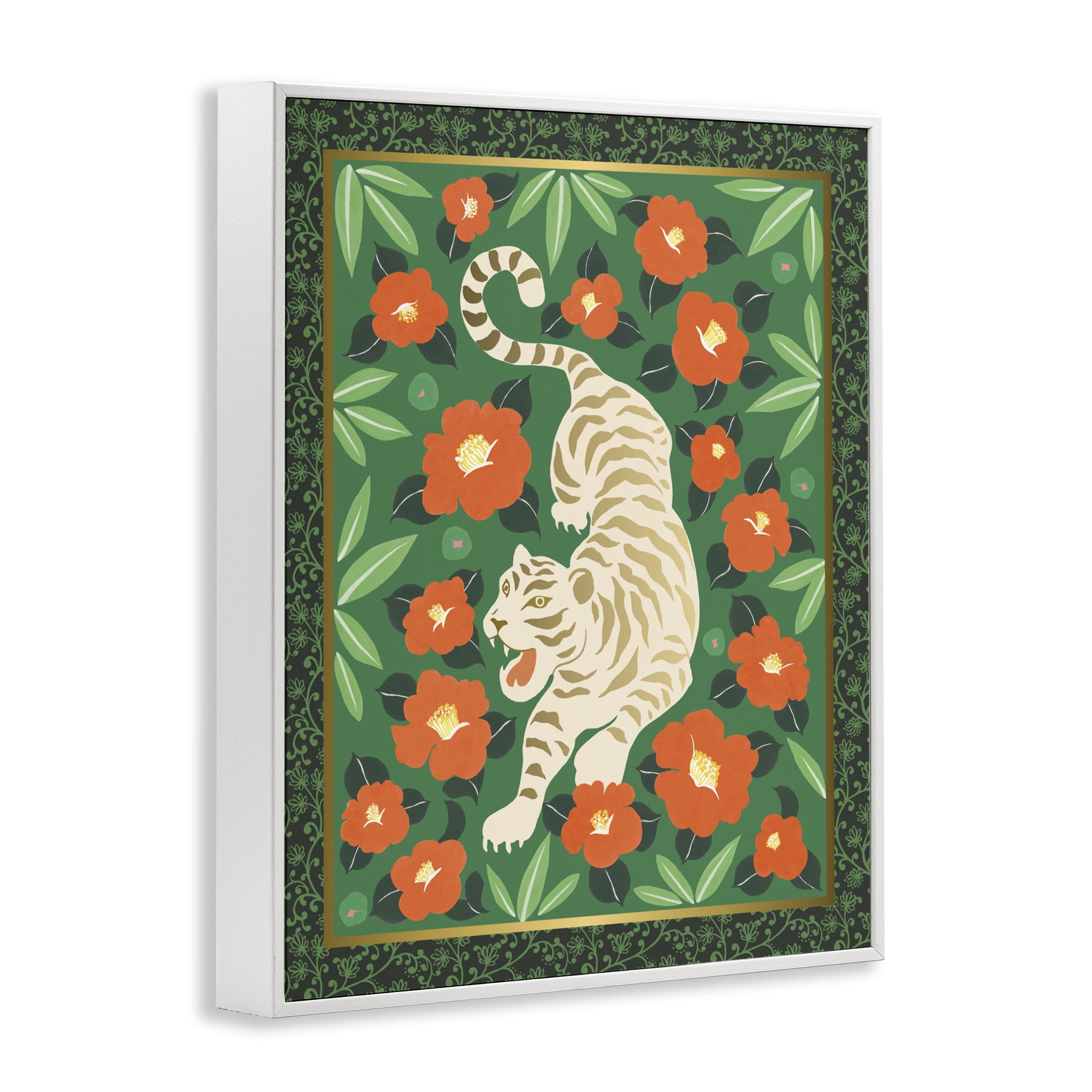 Stupell Industries Eclectic Tiger & Hibiscus White Framed Giclee Art, design by Karolina Sato
