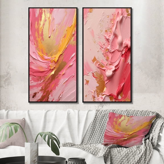 Designart "Emerging Energies in Pink and Gold II" Abstract Framed Wall Art Set Of 2 - Pink Abstract Framed Canvas Set For Living Room Decor
