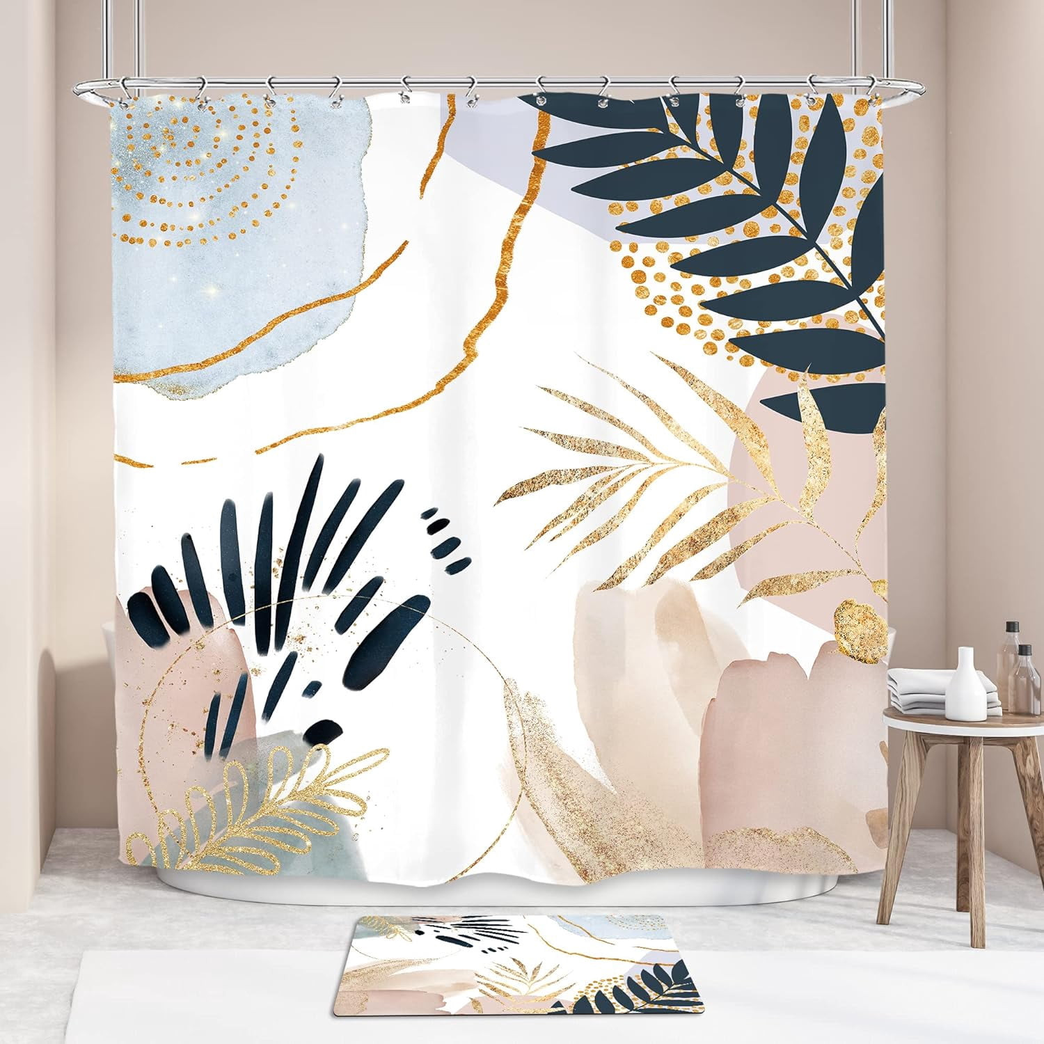 2 PCS Modern Shower Curtain 72Wx72H Inches Mid Century Geometric Abstract Bathroom Rug Set 70s Pastel Bath Contour Mat Boho Bathroom Accessories Home Washroom Decor Shower Supplies