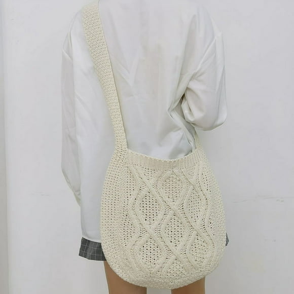 Women Knitted Shoulder Bags Large Capacity Weave Shopping Handbag (Beige)