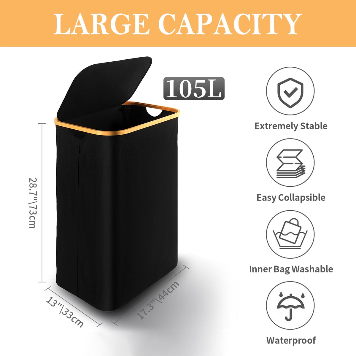 Gsluuk Laundry Basket with Lid (105L), Waterproof Clothes Hampers with Bamboo Handles, Collapsible Laundry Hamper with Removable Bag for Bedroom, and Bathroom