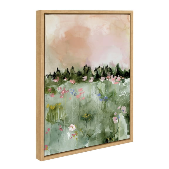Kate and Laurel Sylvie Landscape 01 Framed Canvas Wall Art by Annie Quigley, 18x24 Natural, Soft Watercolor Nature Landscape with Greenery Art for Wall Decor