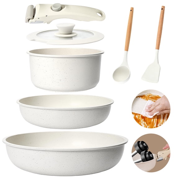 MDHAND 7-Piece Detachable Cookware Set, Nonstick Granite Pots and Pans with Removable Handle, Glass Lids, Space-Saving for RV Camping Kitchen