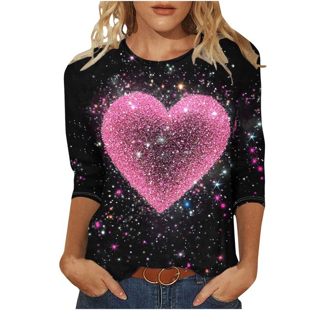 Staron Liquidation de la Saint-Valentin Hauts pour Femmes Col Rond Manches 3/4 Chandails Décontractés Amples Blouses Cœur de la Saint-Valentin Cadeaux de la Saint-Valentin Hauts