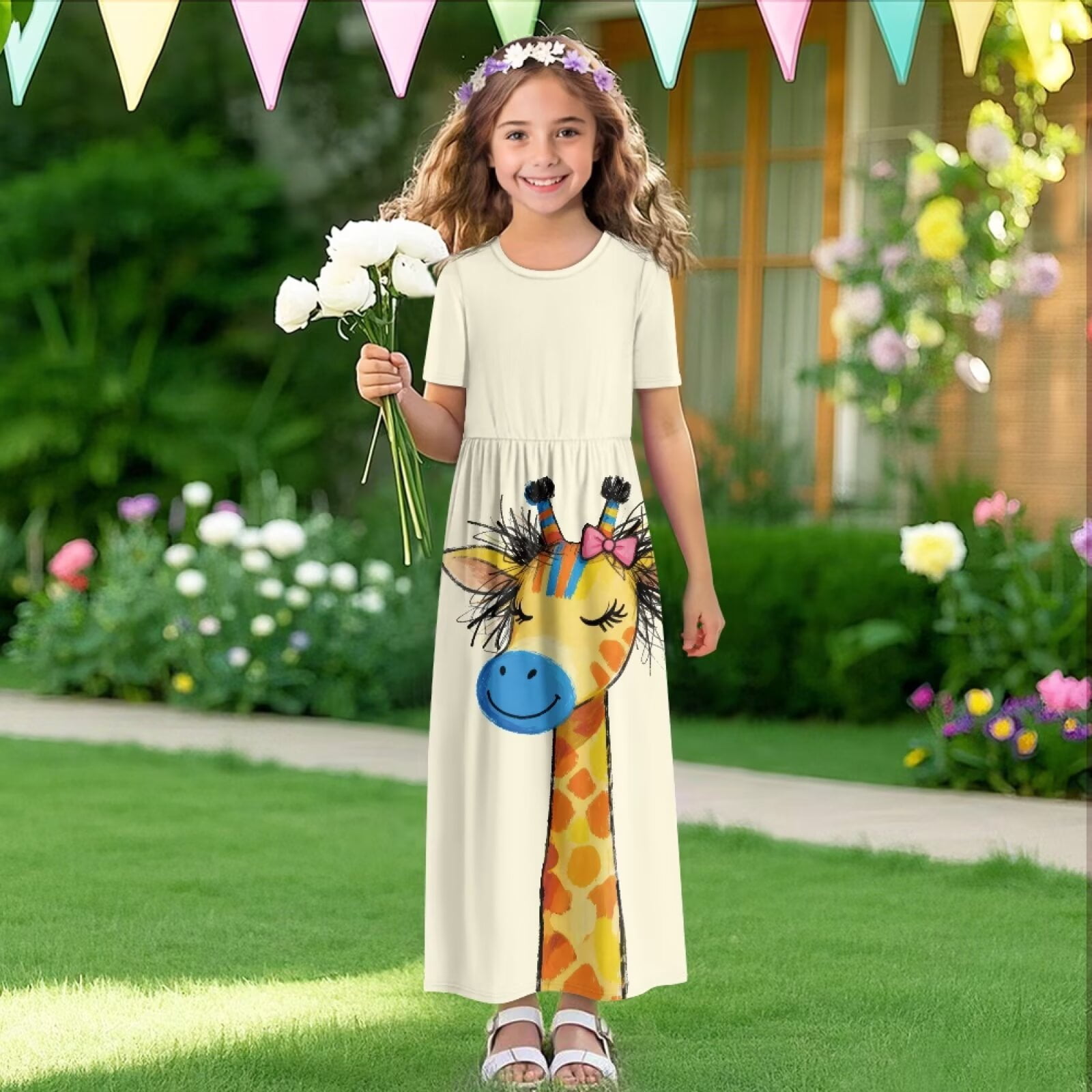 Uourmeti Girl's Maxi Dress Cartoon Giraffe Print Short Sleeve Long Dresses Crew Neck Elegant Casual Sundress with Pockets, Size 7-8 Years