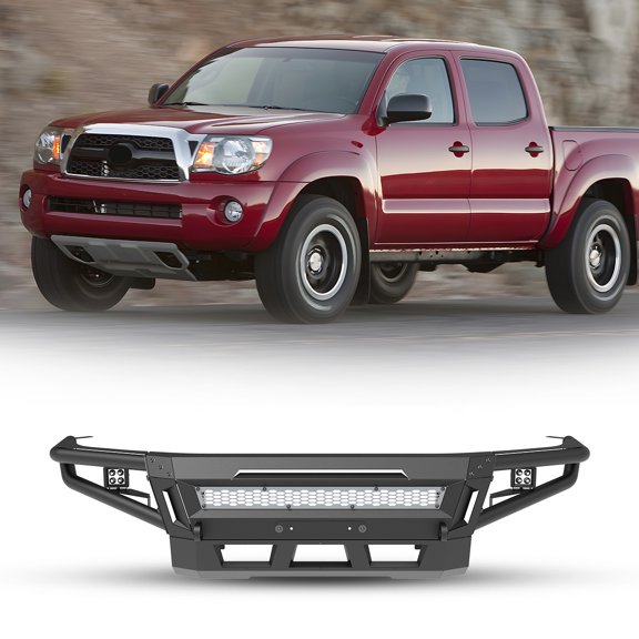 Modular 2 IN 1 Front Bumper Side Wings For 2005-2015 Toyota Tacoma with 2*4" Pod Lights w/Winch Cable Guide Mouting Hole Bolt On