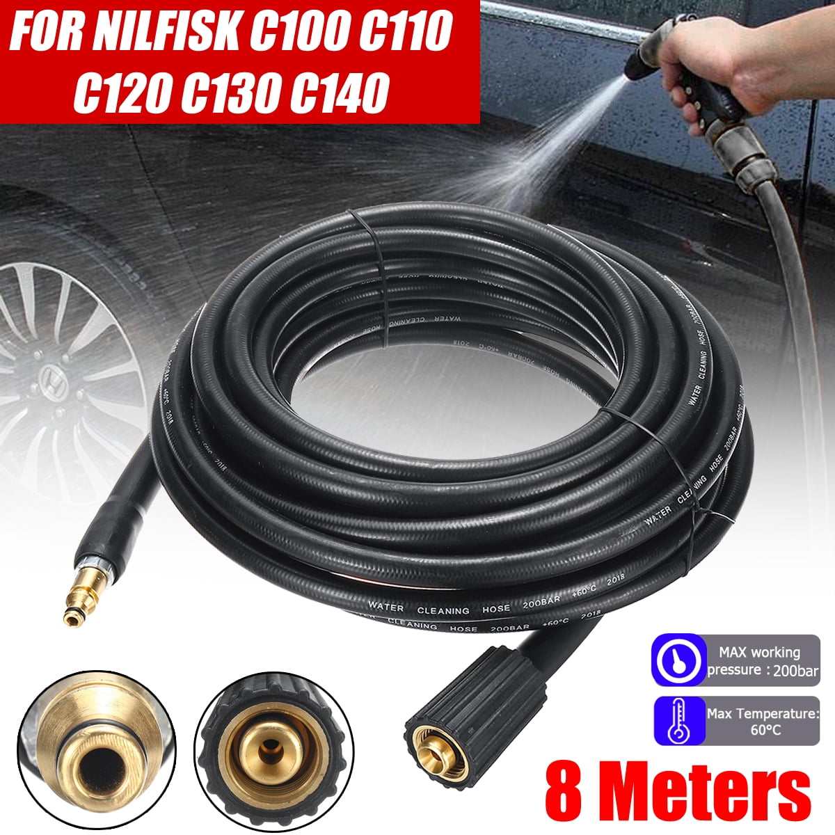 8M 200Bar M22 Jet Pressure Washer Hose Wash For Nilfisk C100 C110 C120