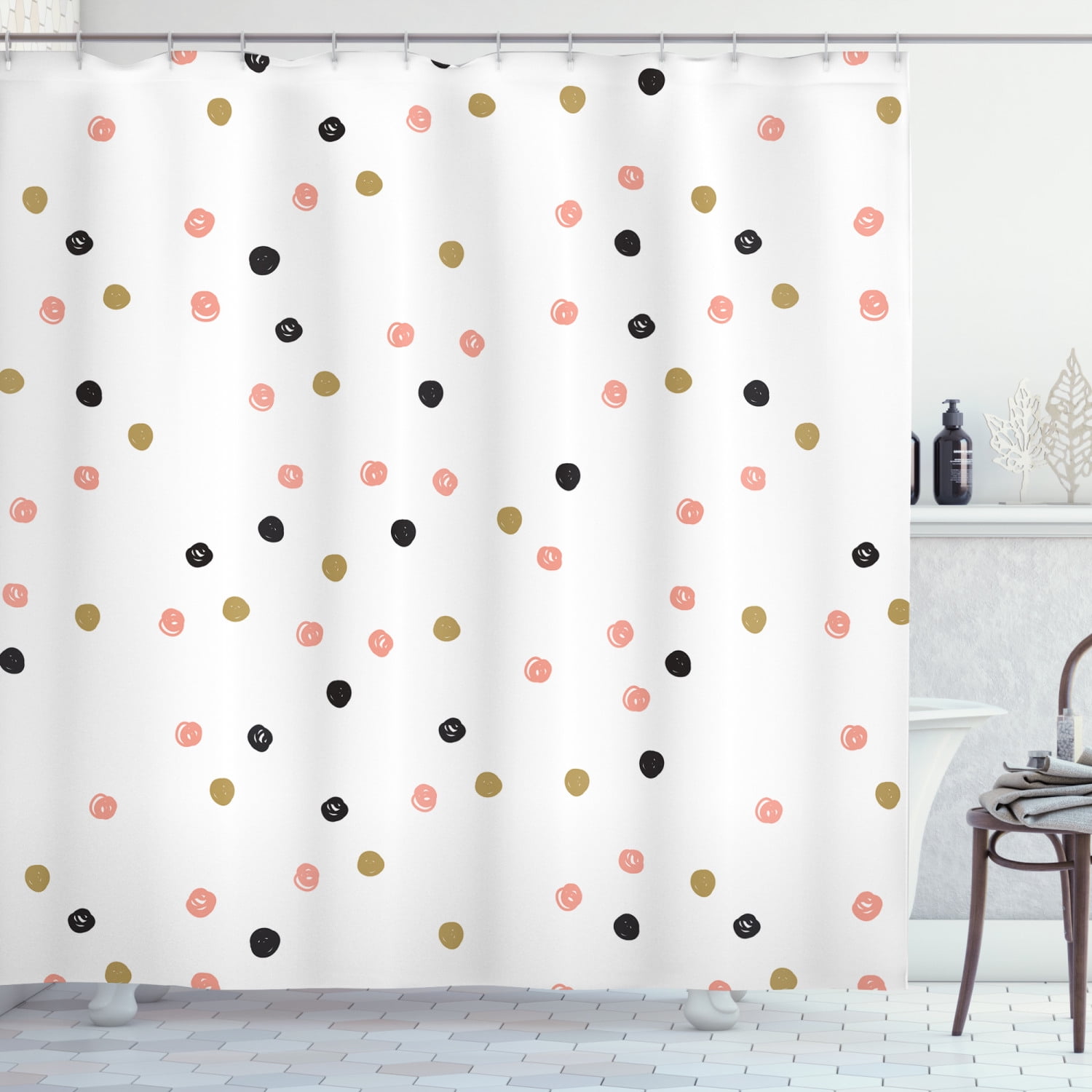 Pink Polka Dots Shower Curtain, Doodled Hand Drawn Strokes Artistic