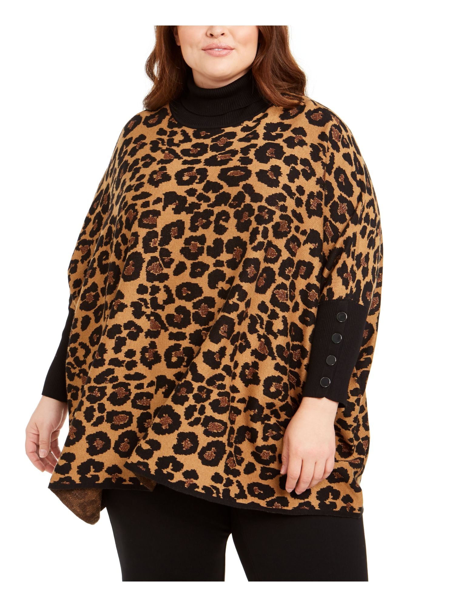 Anne Klein Womens Plus Lurex Turtleneck Cape Sweater Tan 0X