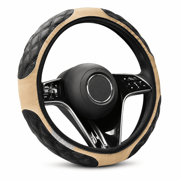 Steering Wheel Cover, Leather Car Wheel Cover Beige 38cm, Four-piece Stitch Wrap, Universal Season Comfort for Car, Interior, Gift, & More