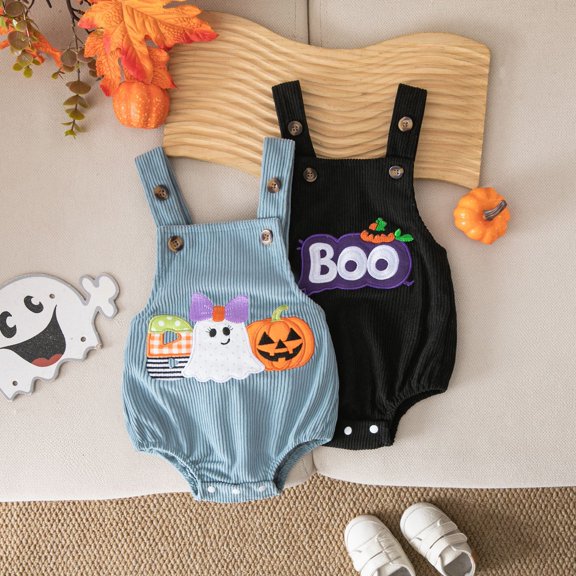 Pandaie Newborn Infant Baby Corduroy Clothes Outfits Pumpkin Spooky Print Romper Boys Girls Suspenders Jumpsuit for Festival Black,6-12 Months