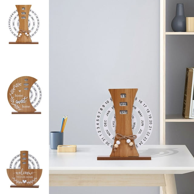 Solid Wood Perpetual Calendar with Rotating Design for Home Office Desk Decor