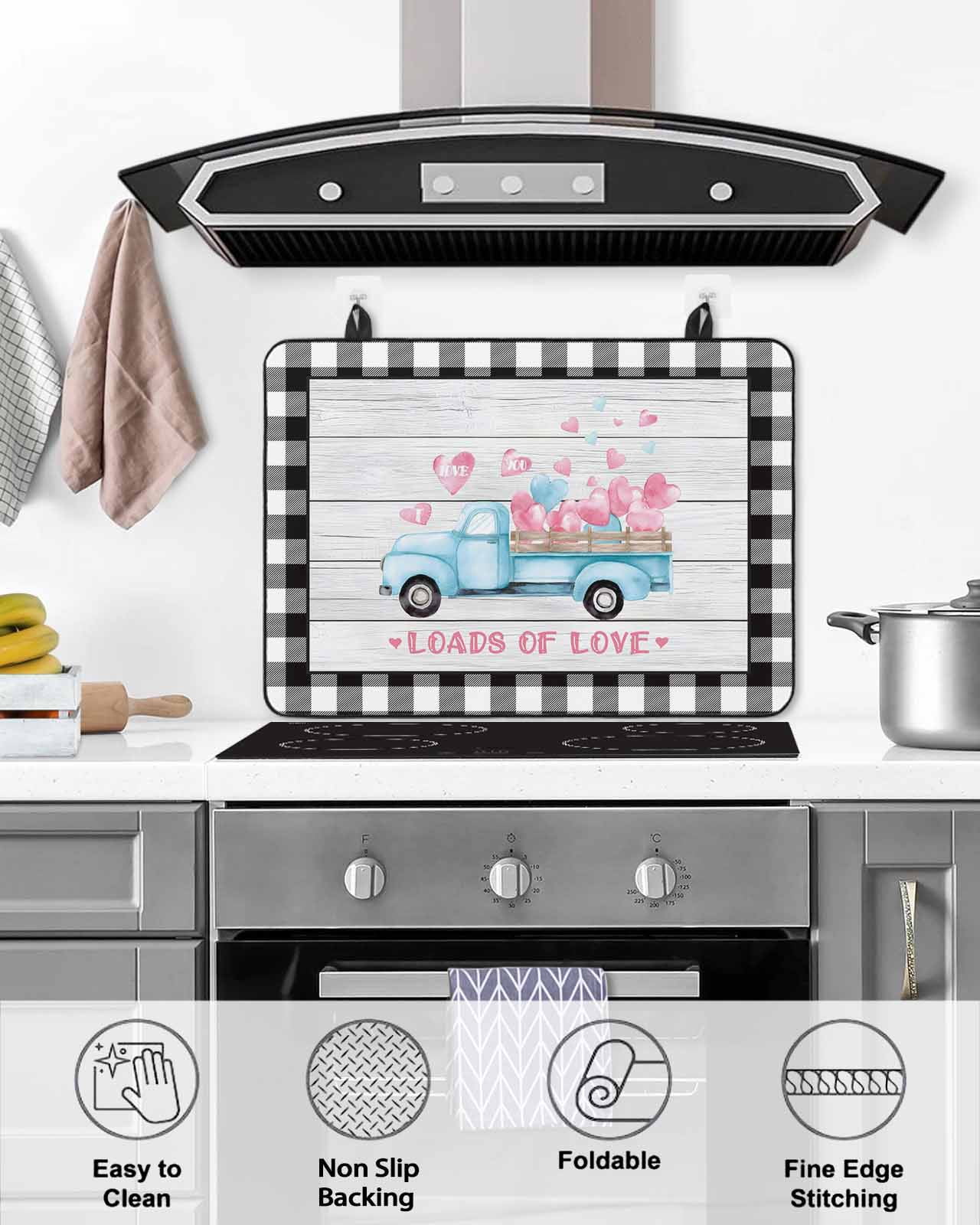 Large Induction Cooktop Protector Mat Valentine's Day Stove Top Covers for Electric Stove, Blue Love Truck Buffalo Plaid Romantic Wood Decorative Stove Burner Cover Mats, Glass Top Stove Cover