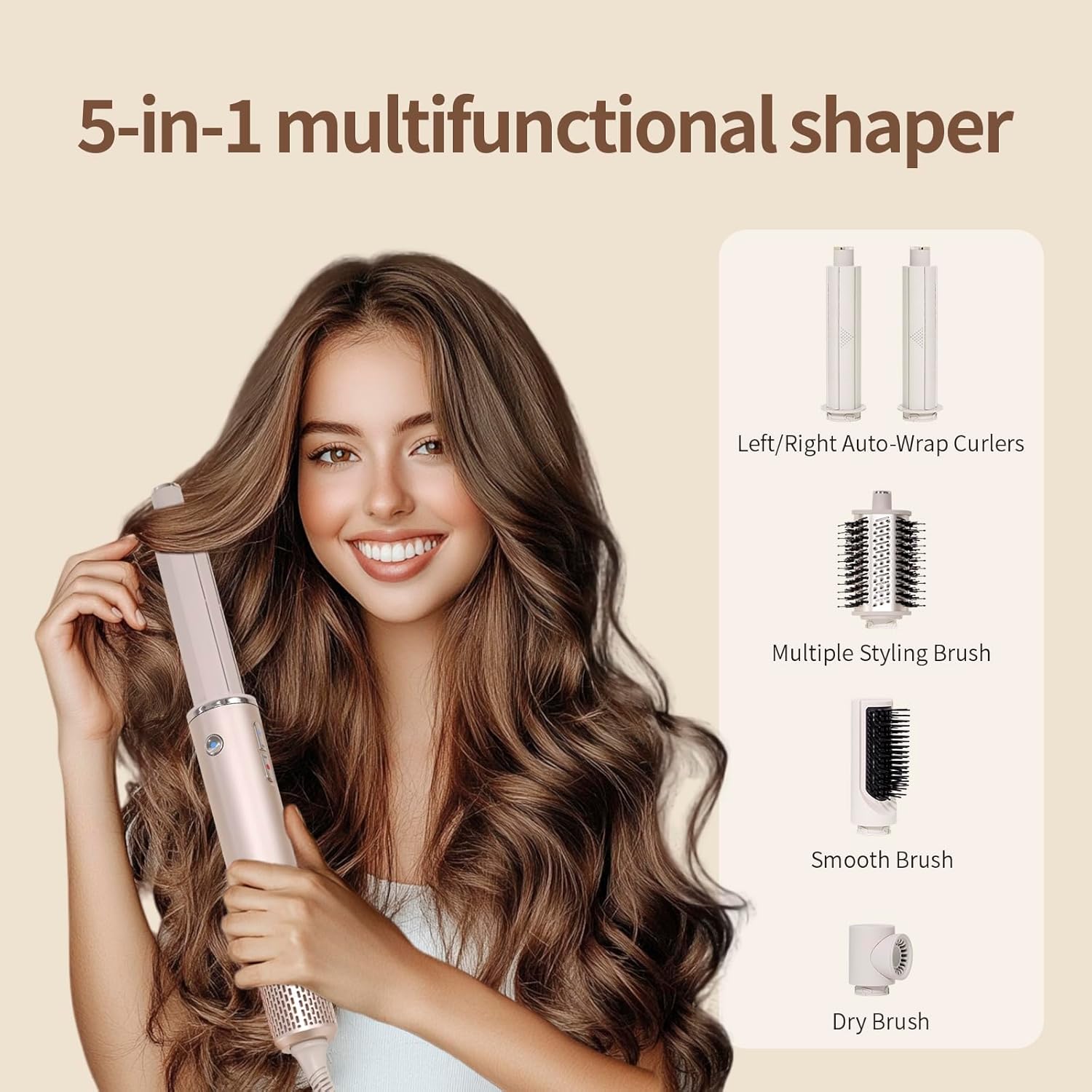 5 in Multifunctional Styling Hair Dryer Brush, 11000RPM Motor with Negative ion tech. Includes auto Curler, Paddle Brush, Oval Brush, Concentrator Nozzle, and Heat-Resistant Glove